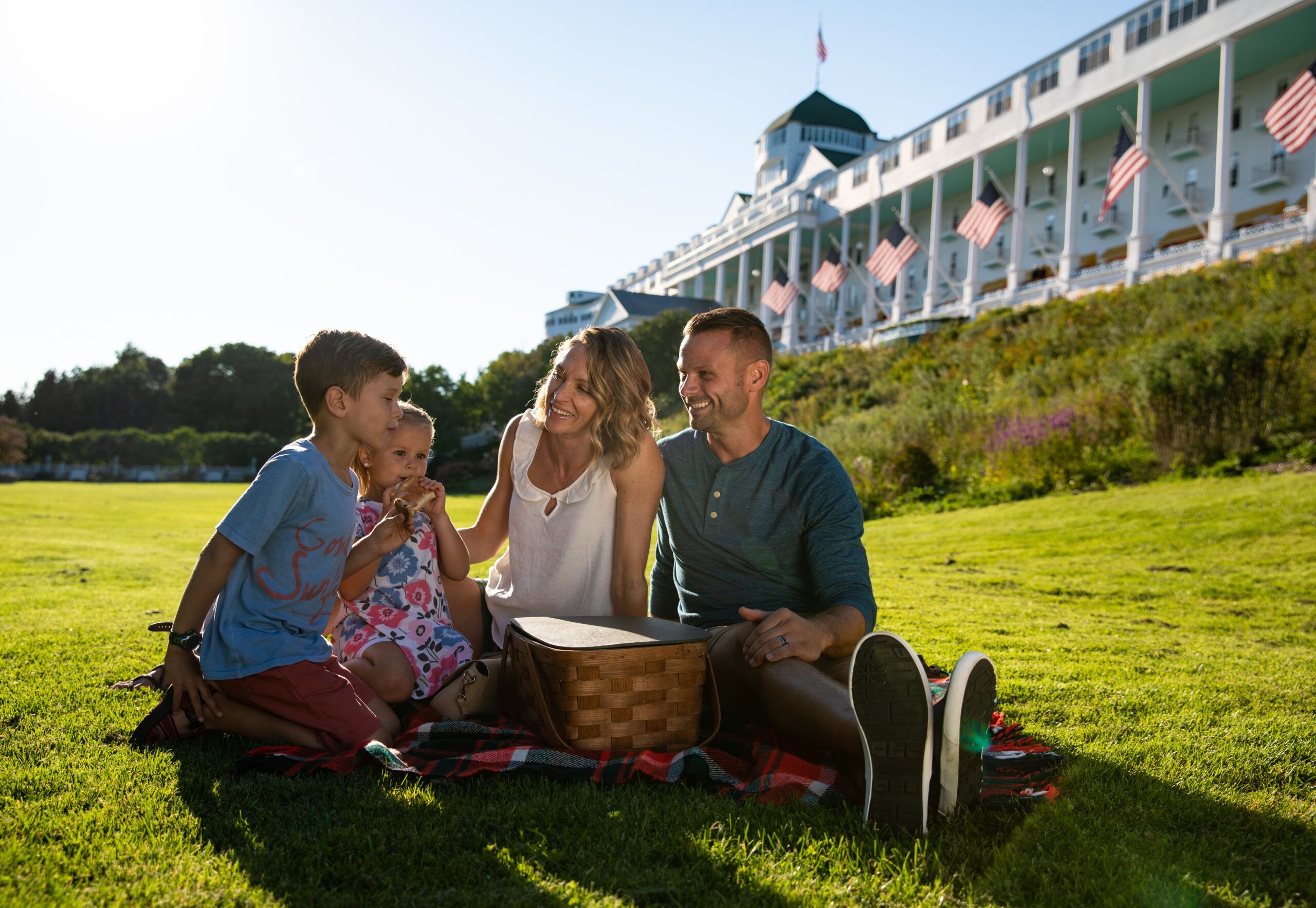 Family in front of Grand Hotel on Mackinac Island